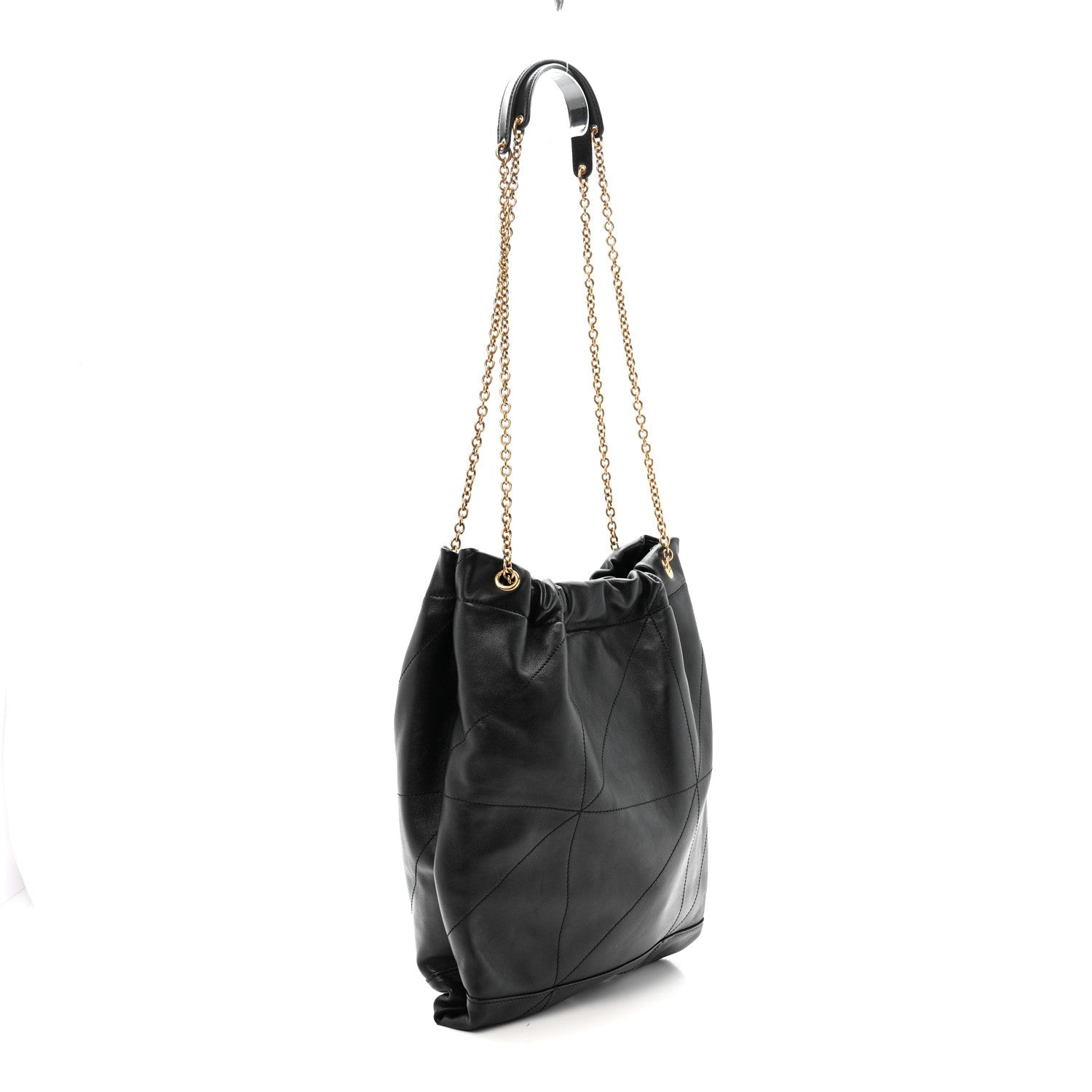 Black leather bucket-style shoulder bag with drawstring top and gold chain handles