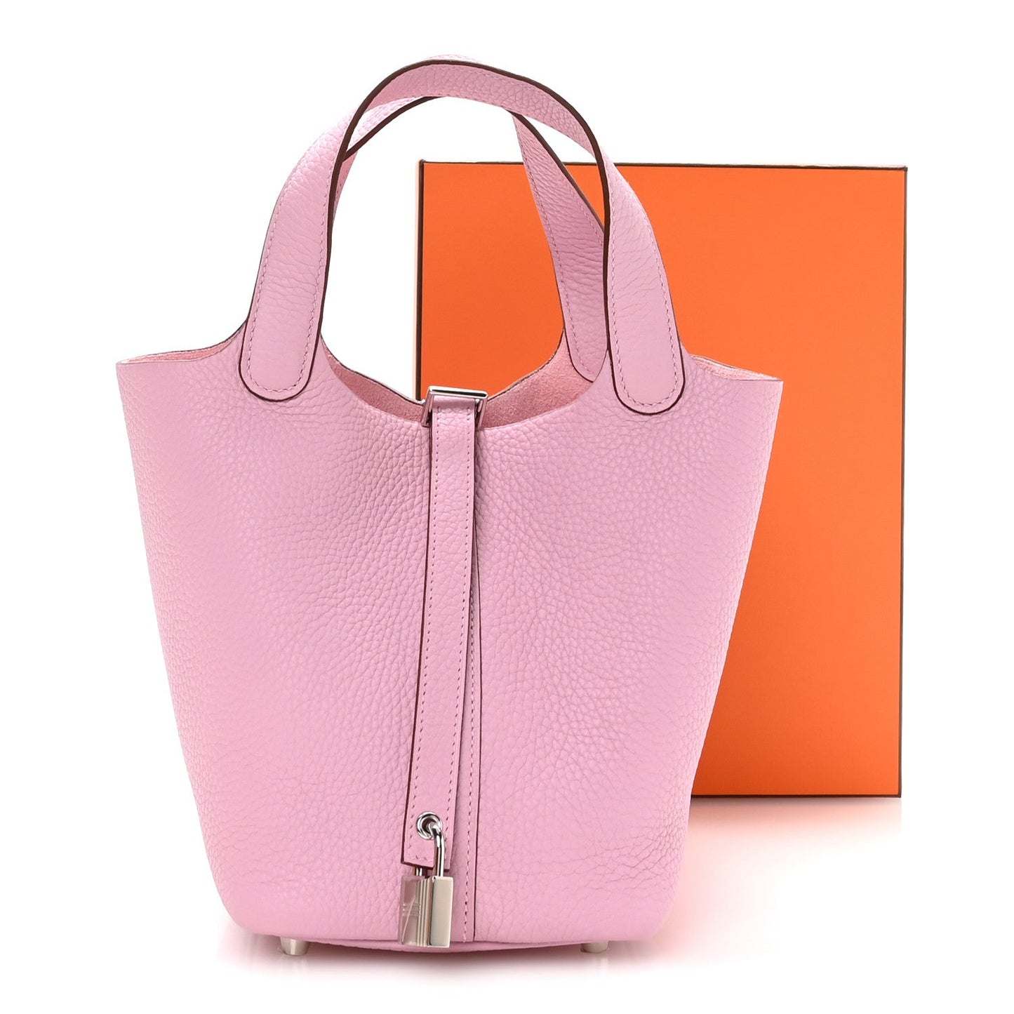 Rose Sakura pink pebbled leather tote handbag with two handles and metal lock strap