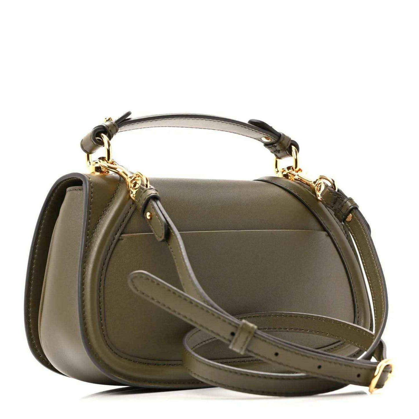 Dark green leather bag with crossbody strap, gold-tone ring hardware, and embossed logo