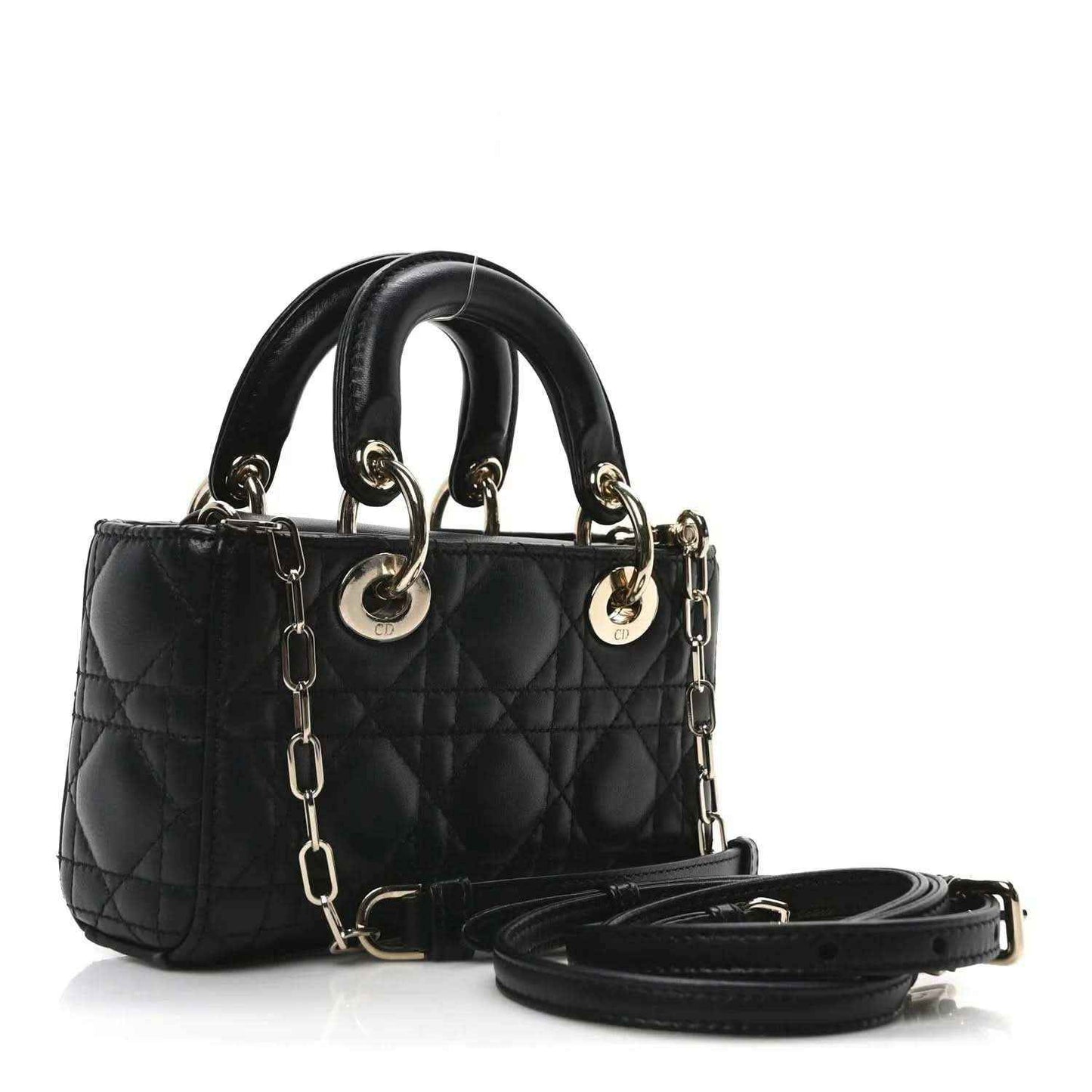 Black quilted mini handbag with top handles, chain strap, and gold-tone hardware