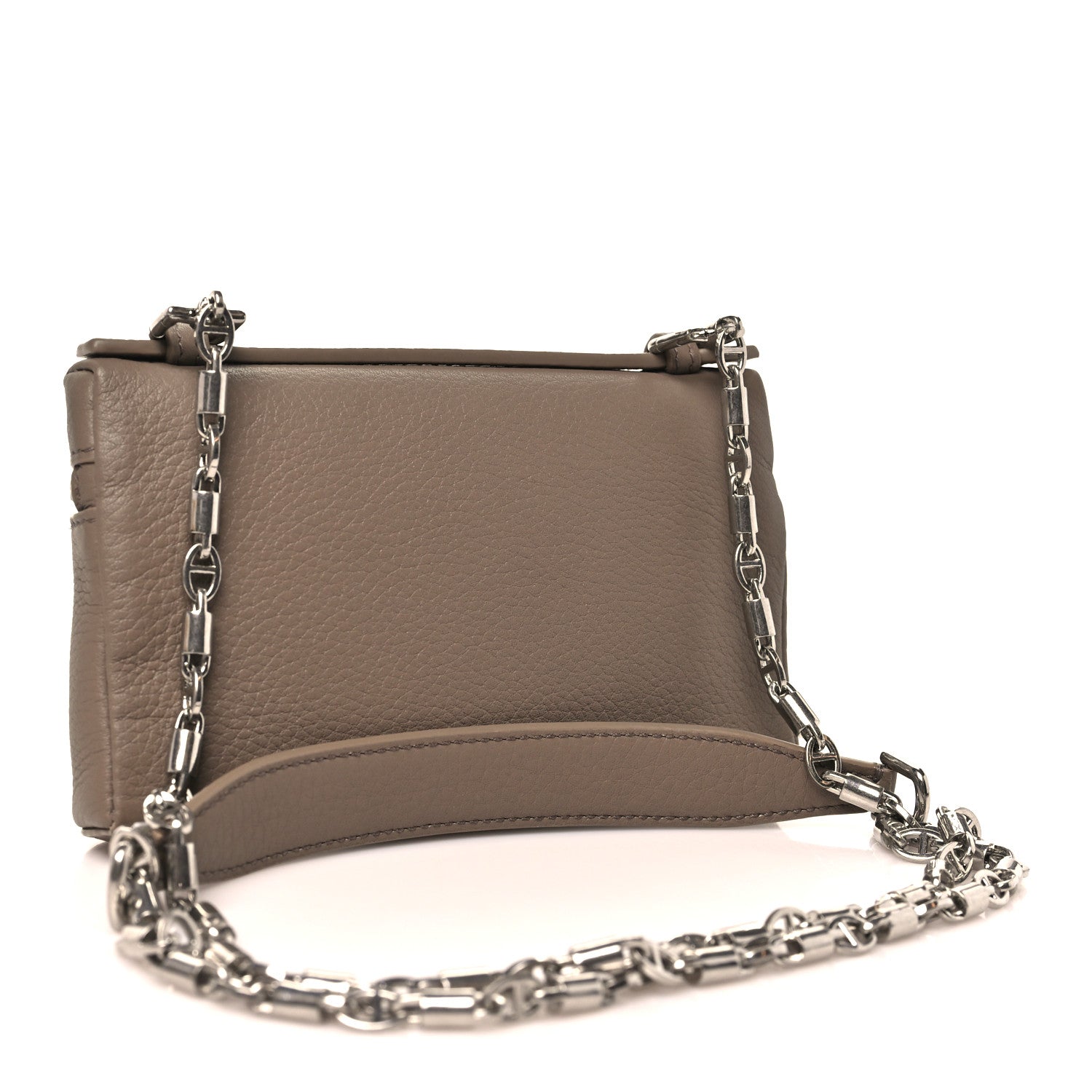 Grained calfskin mini pouch with top zip and silver chain crossbody straps