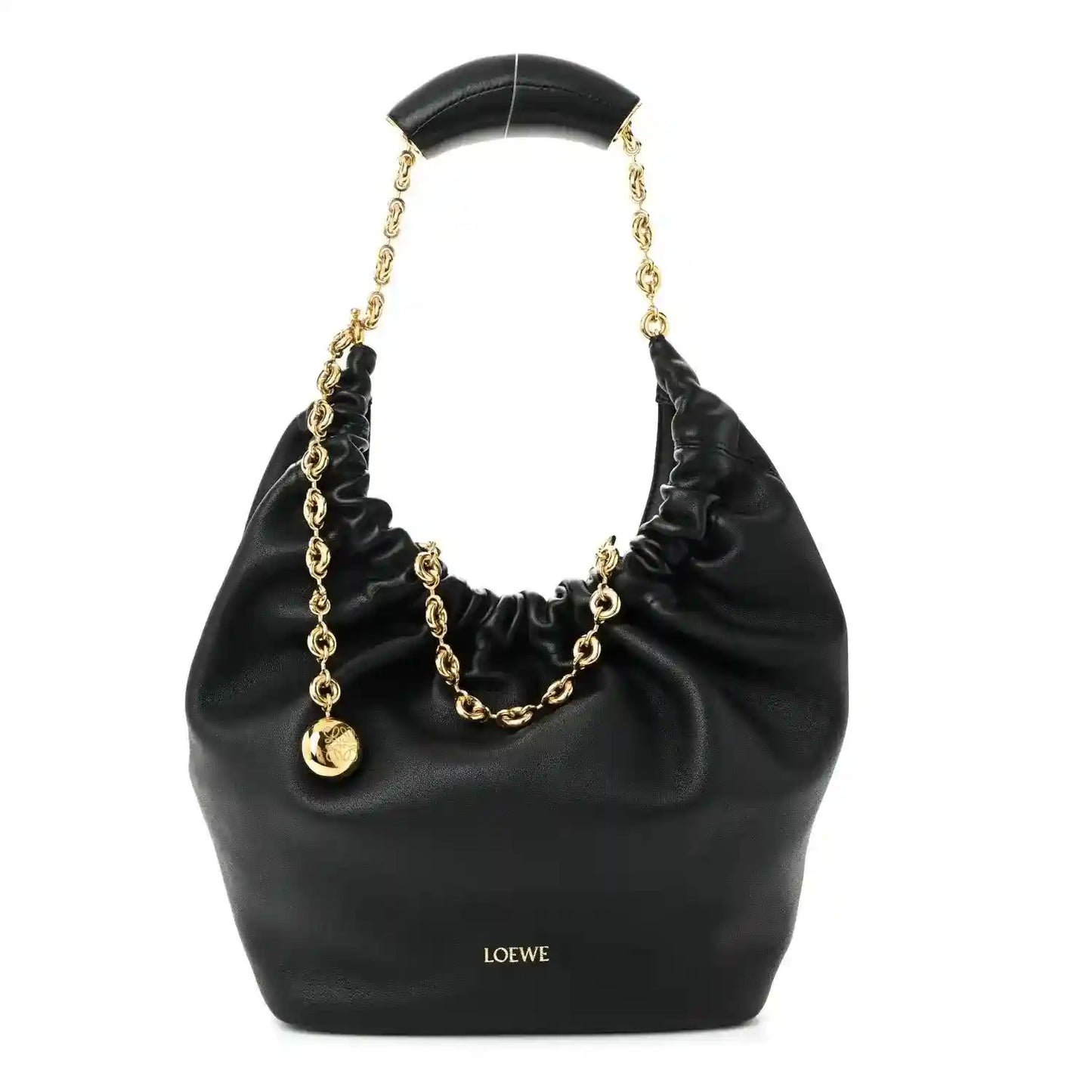 Loewe small squeeze bag in black ruched nappa leather with gold chain handle