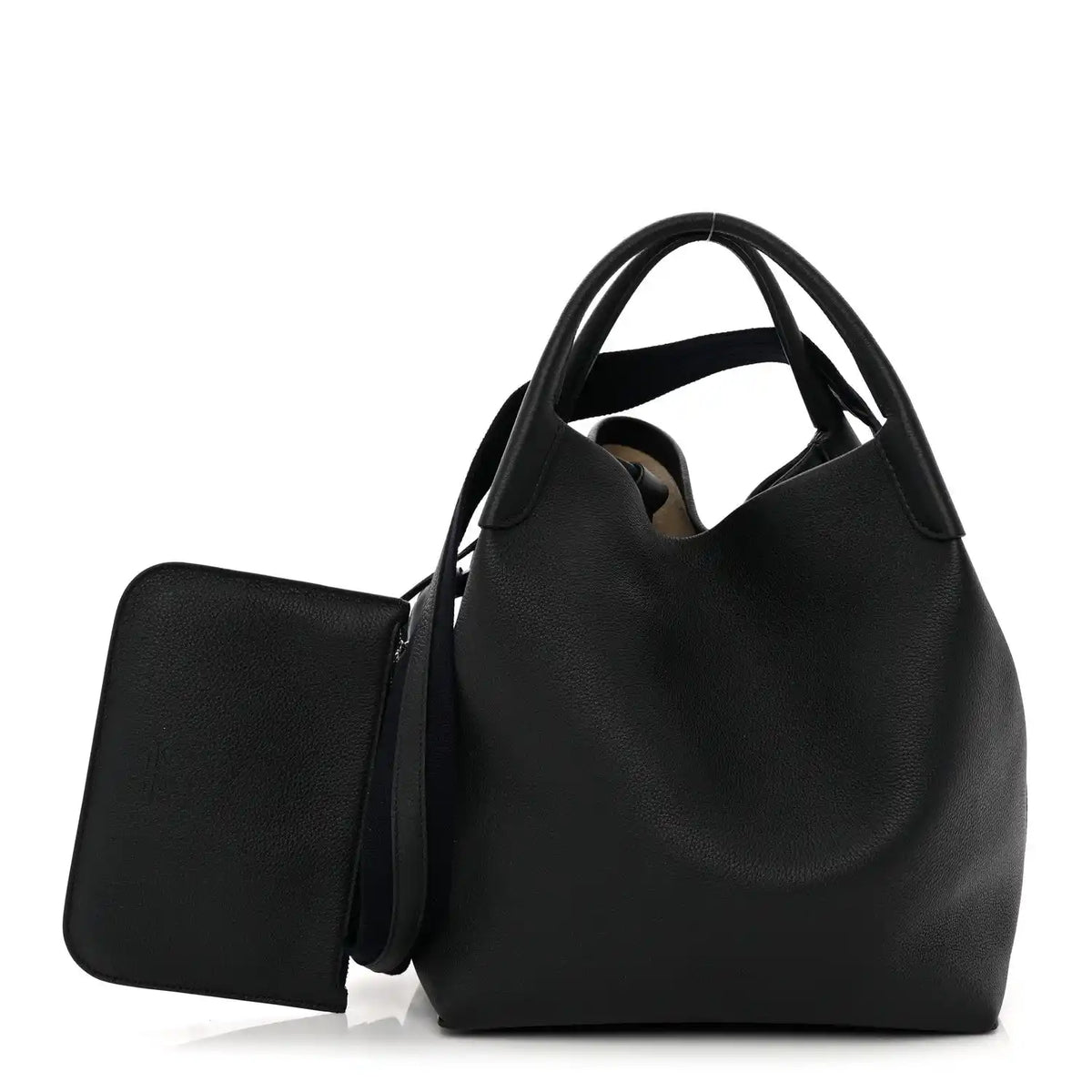 Large dark navy tote bag with grained finish, top handles, and side pocket