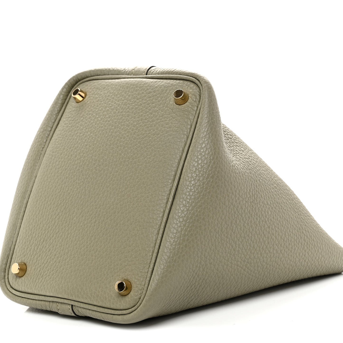 Sauge leather tote bag bottom corner view with gold rivets and seam lines