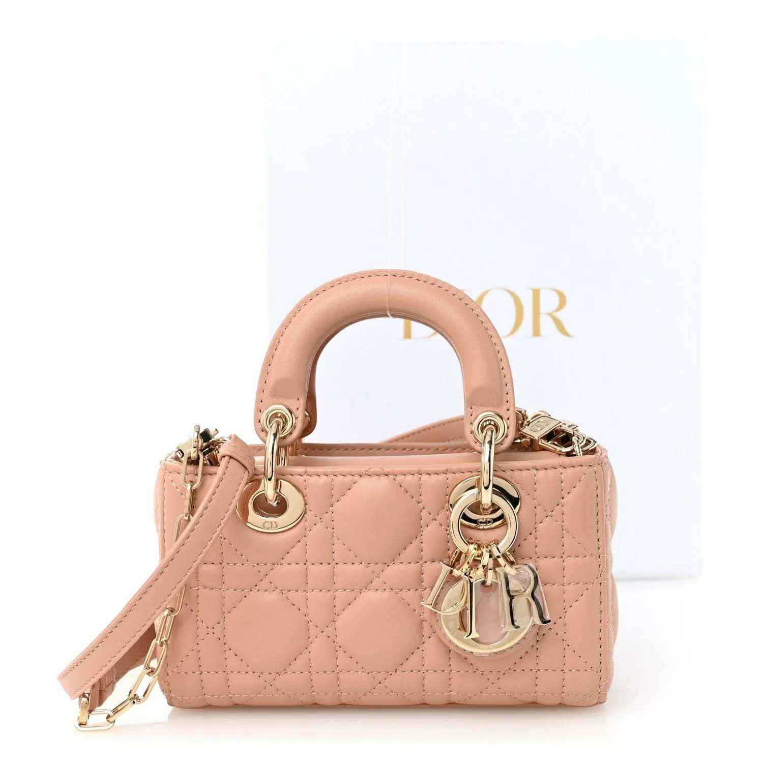 Christian Dior micro lady D-Joy lambskin handbag, pink beige quilted cannage, top handles