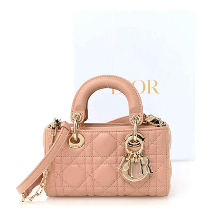 Christian Dior micro lady D-Joy lambskin handbag, pink beige quilted cannage, top handles