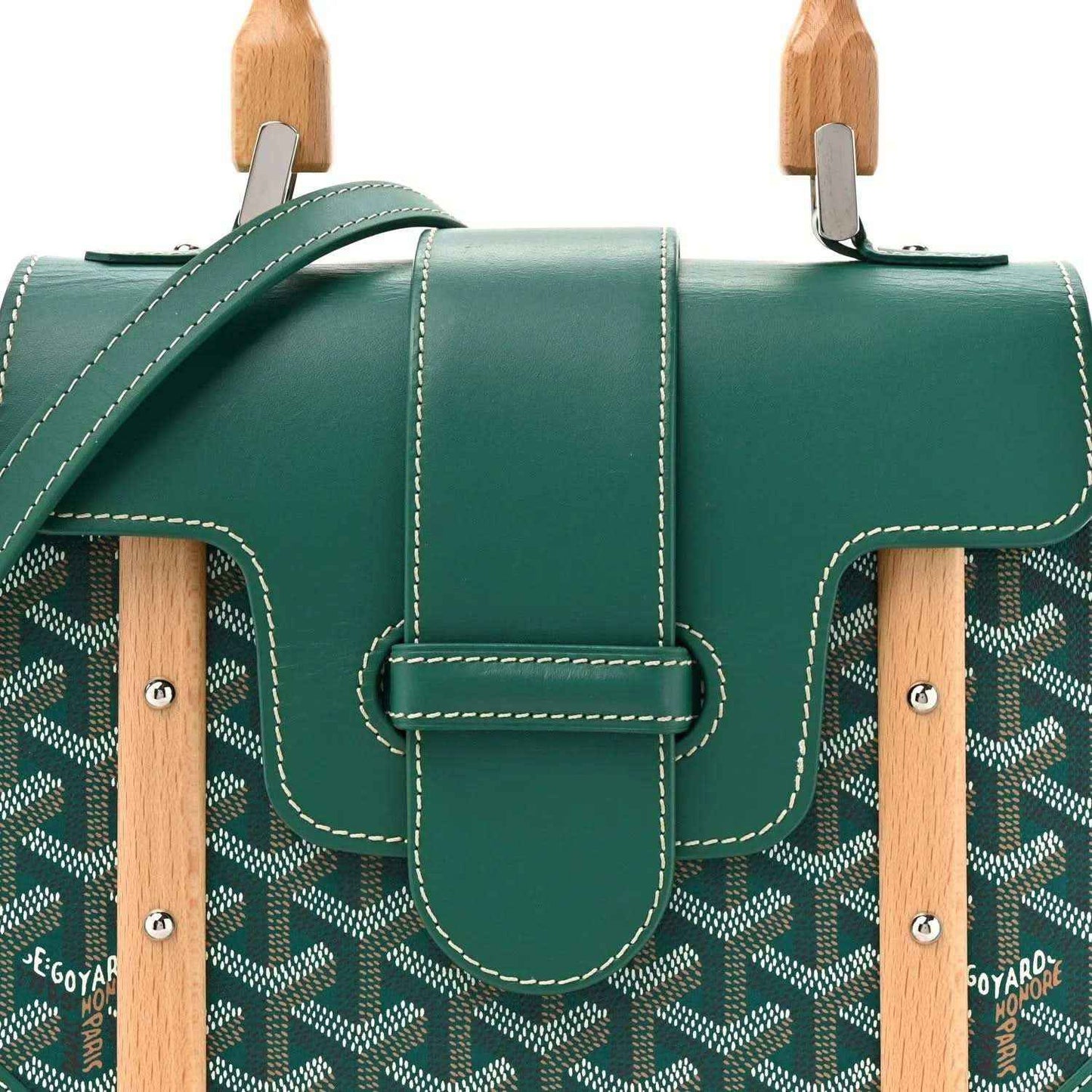 Goyard Saigon PM green canvas bag with wooden handles, front pocket, and top flap
