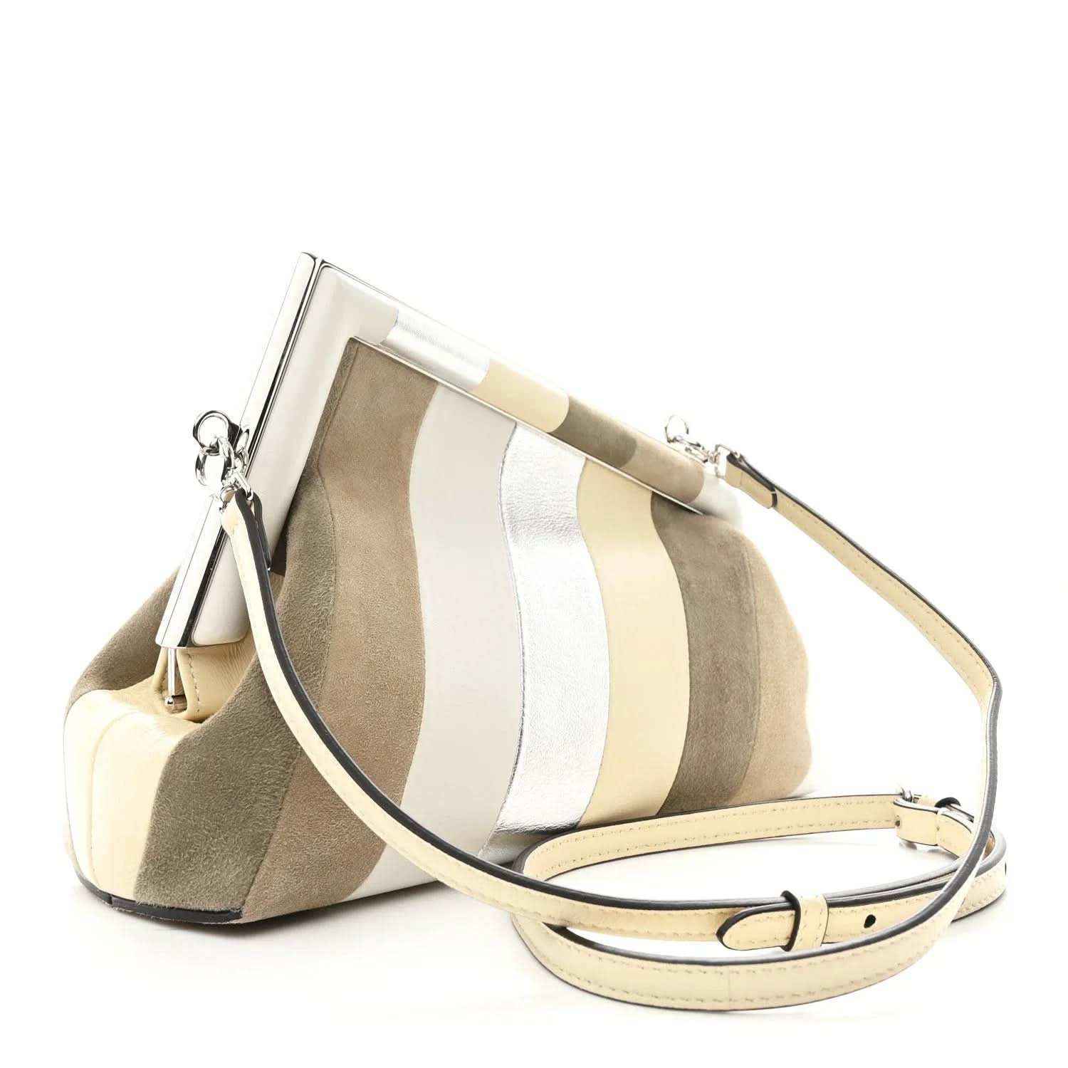 Striped nappa suede clutch with gold-tone clasp and crossbody strap