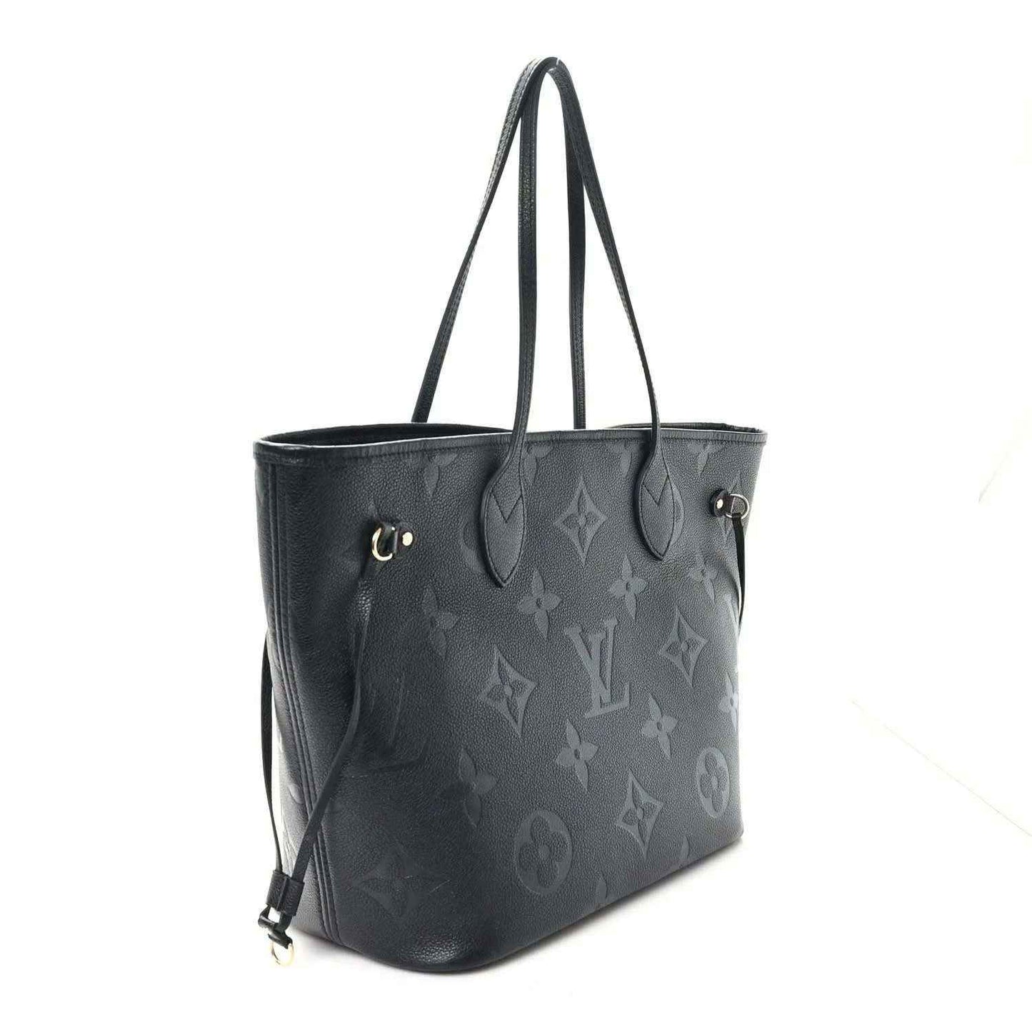 Neverfull MM tote bag, dark black embossed monogram leather, top handles and straps