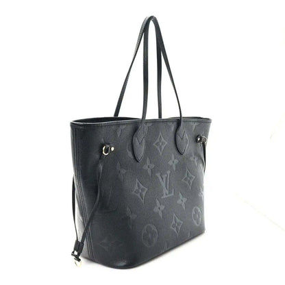 Neverfull MM tote bag, dark black embossed monogram leather, top handles and straps