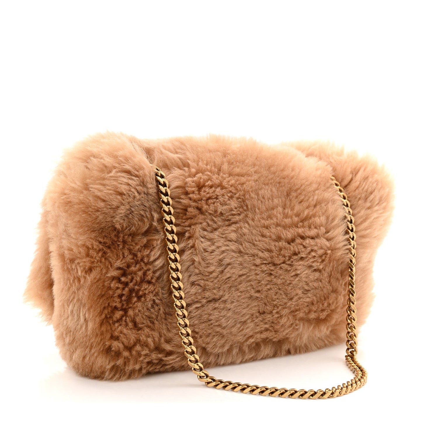 Reversible shearling satchel, ecru fuzzy texture, gold chain strap, side view