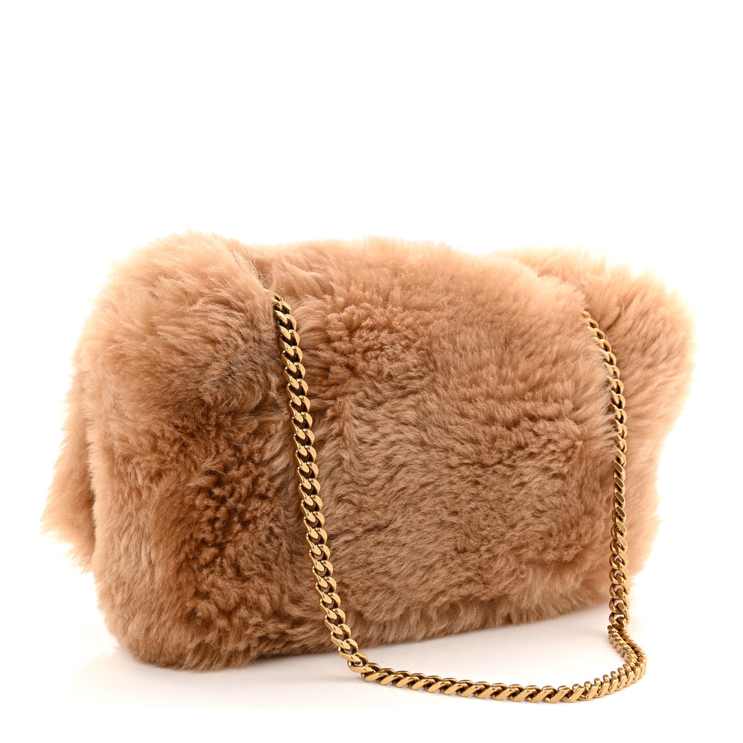 Reversible shearling satchel, ecru fuzzy texture, gold chain strap, side view