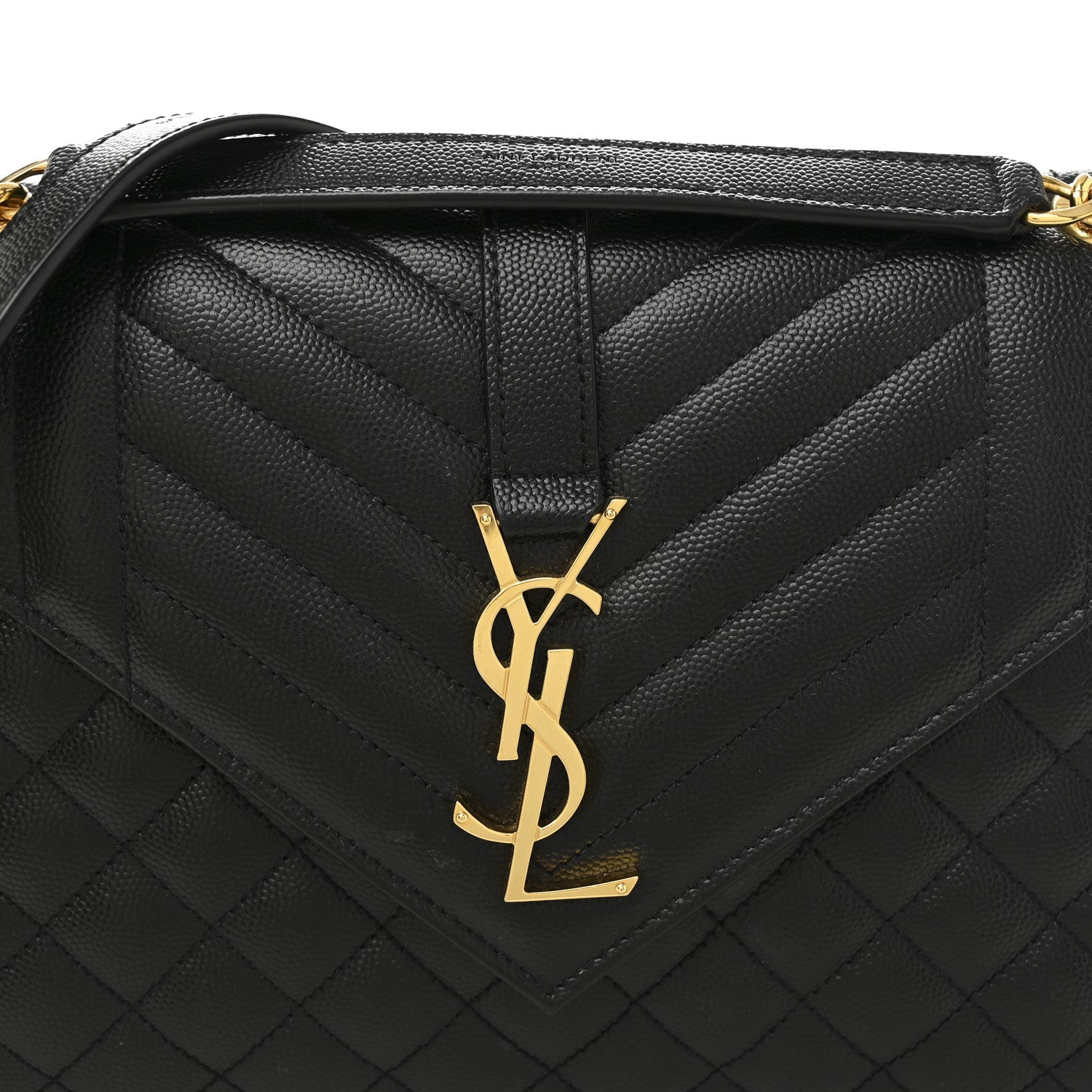 Black quilted leather satchel front with gold-tone YSL monogram