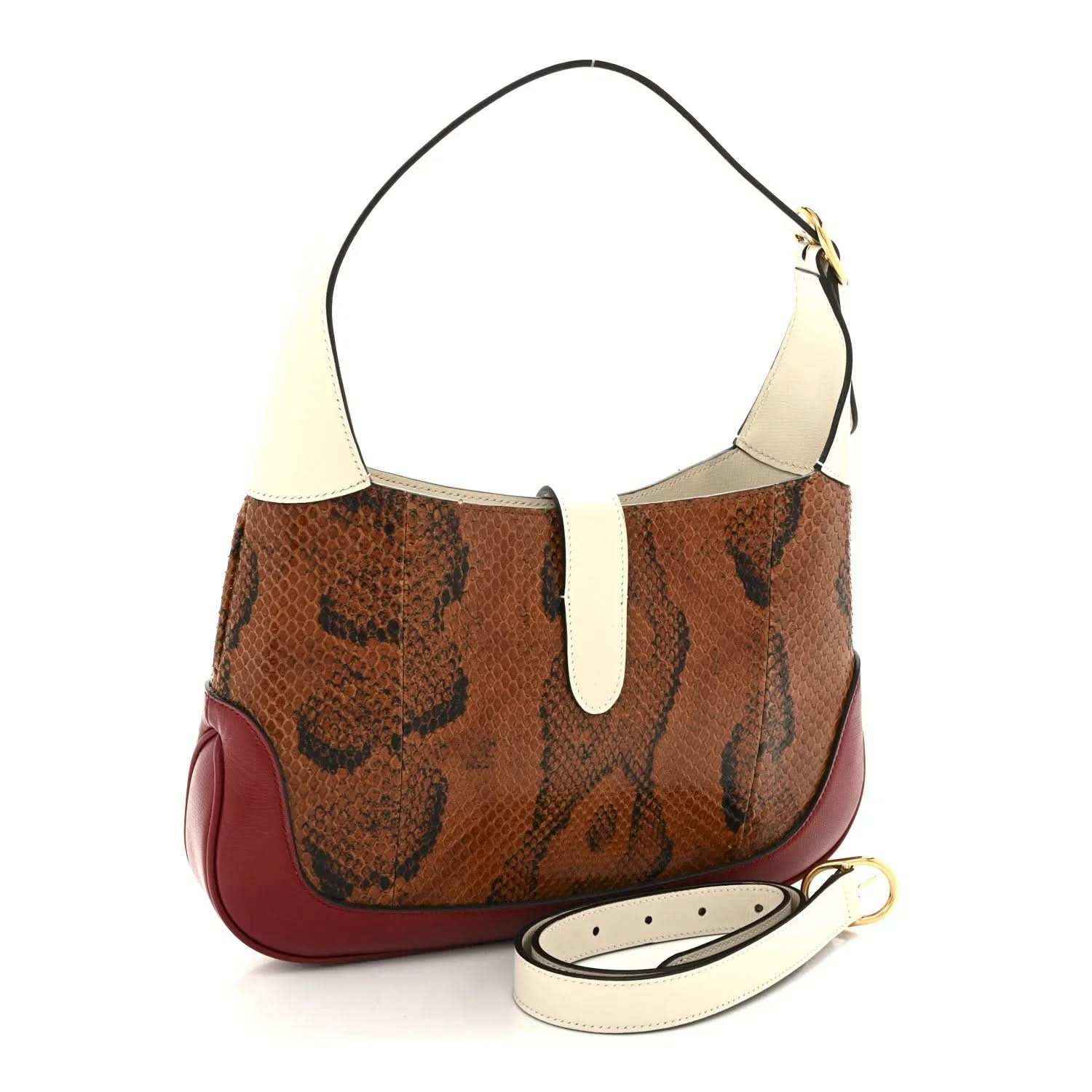 Small hobo bag with brown snakeskin body, burgundy bottom, cream top handle and strap.