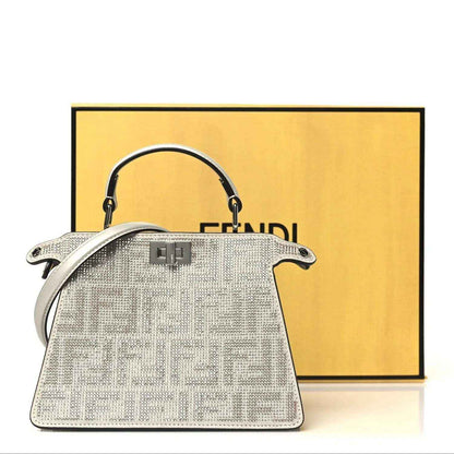 Small iridescent crystal FF satchel with top handles, textured silver fabric