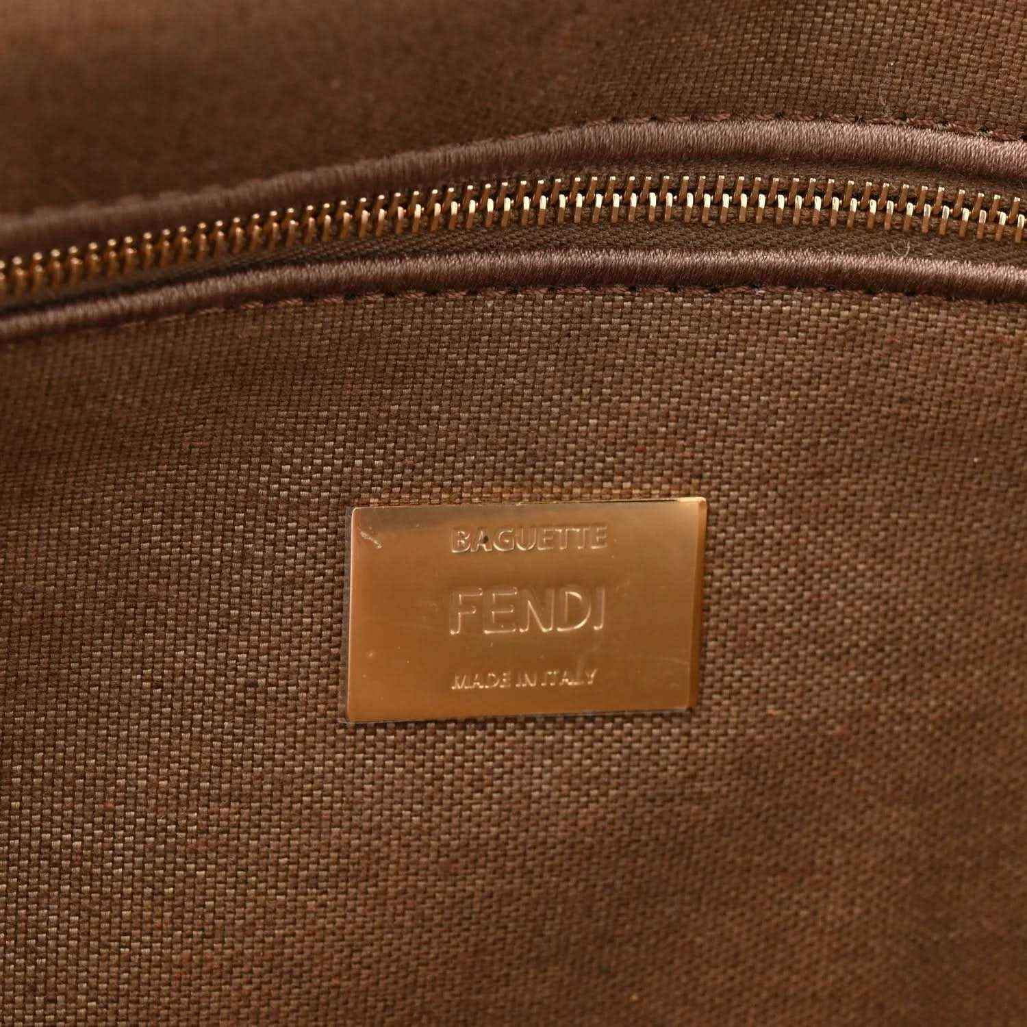 Fendi baguette shoulder bag inside view with zipper and embossed FENDI label