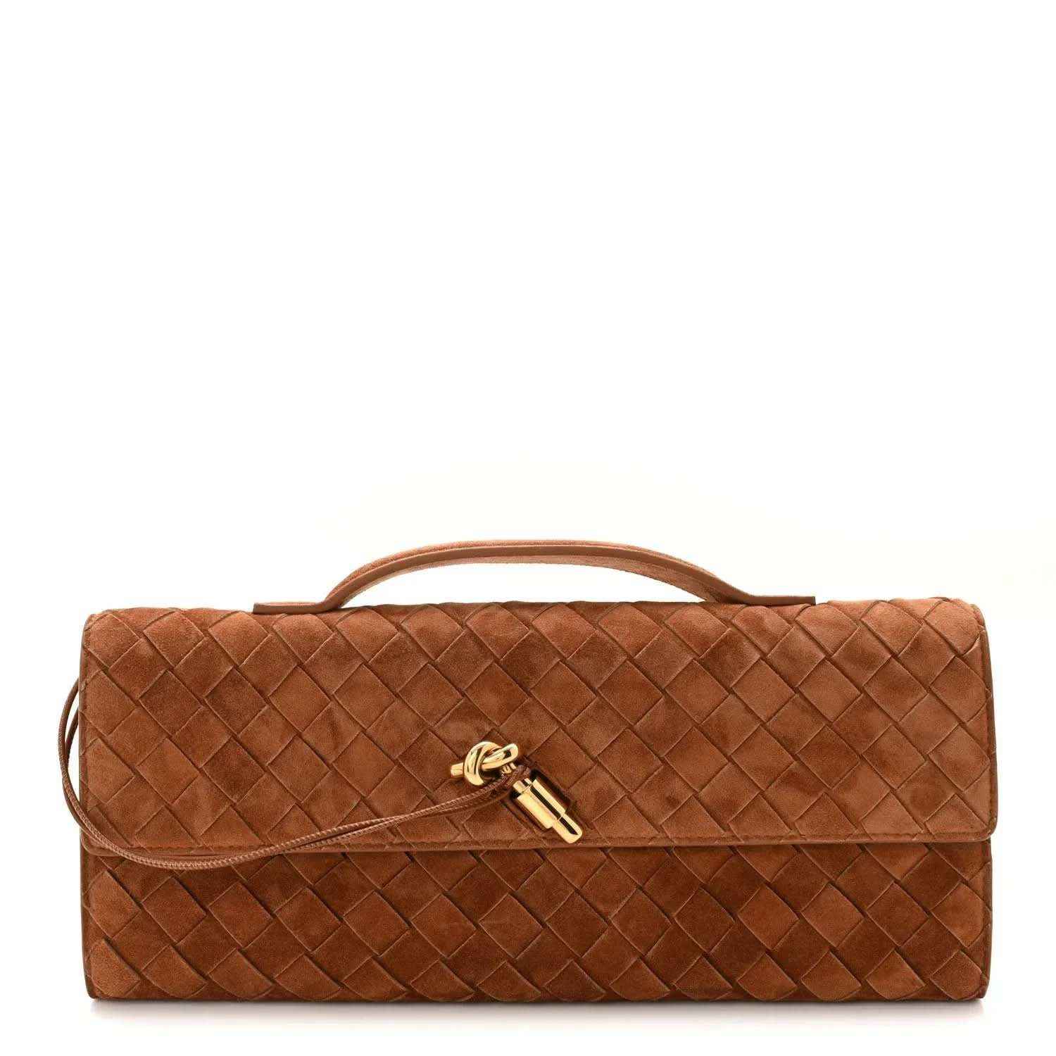 Amber-brown suede intrecciato top-handle clutch with flap and gold clasp