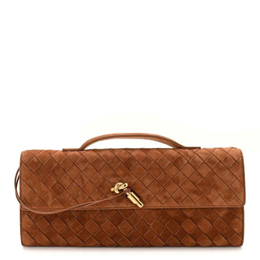 Amber-brown suede intrecciato top-handle clutch with flap and gold clasp