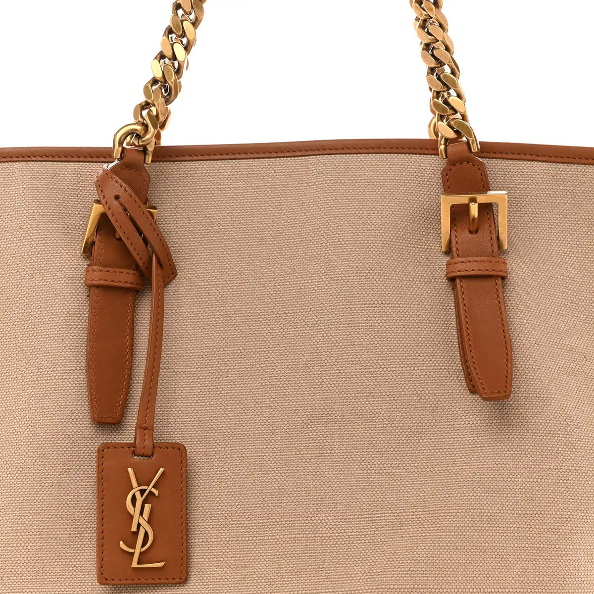 Brown leather YSL monogram tag with gold chain strap on tote
