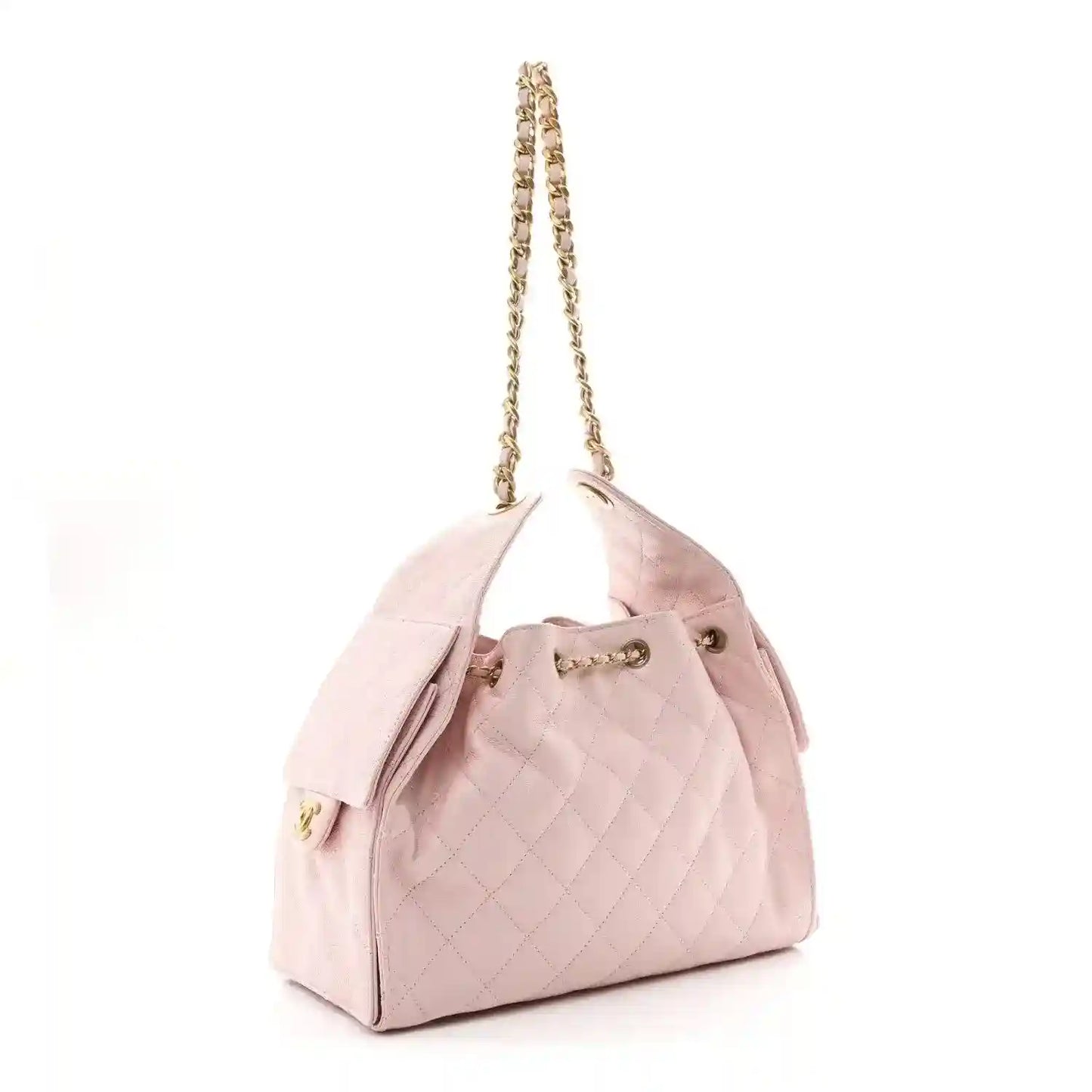 Chanel light pink quilted caviar small shoulder handbag with gold chain strap