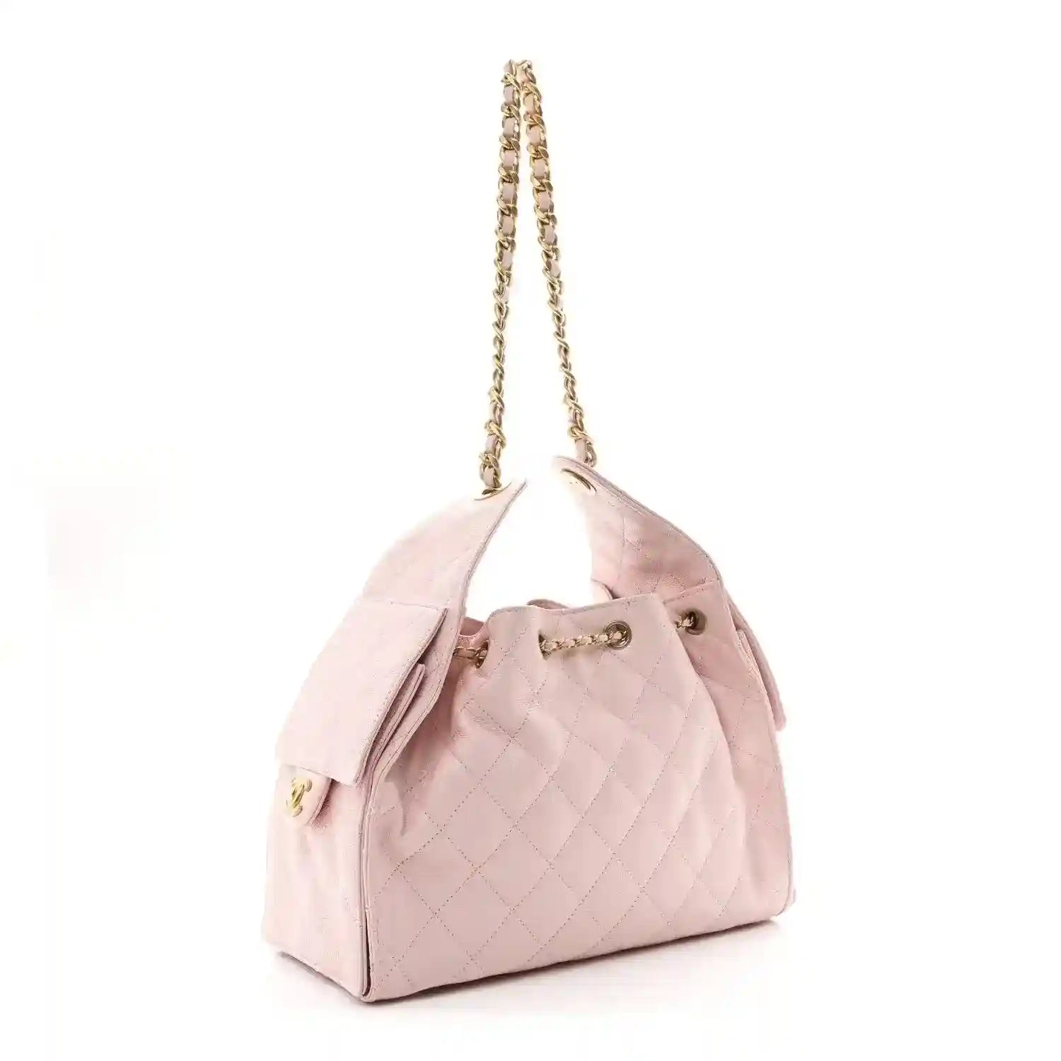 Chanel light pink quilted caviar small shoulder handbag with gold chain strap