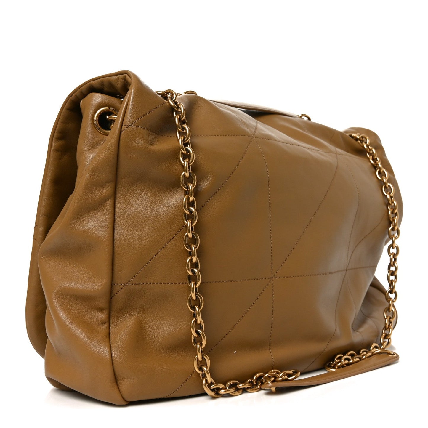 Tabac brown lambskin shoulder bag with chain strap, quilted panels, rear view