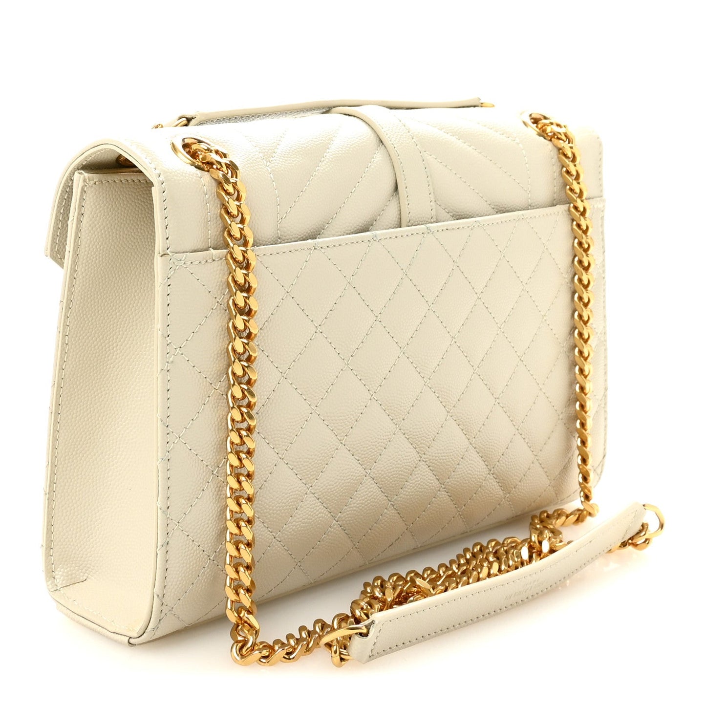 Cream quilted leather satchel with flap and gold chain shoulder strap, front monogram latch