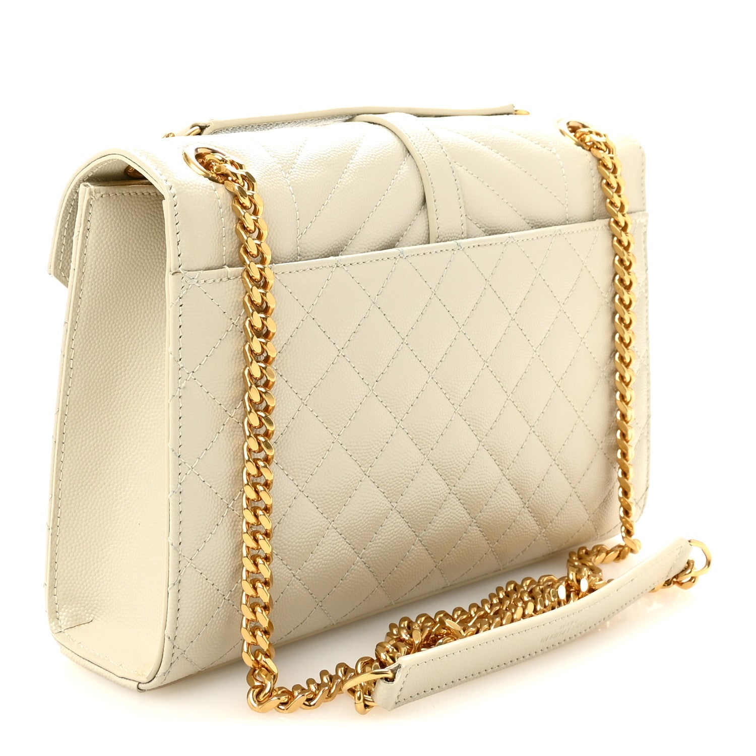 Cream quilted leather satchel with flap and gold chain shoulder strap, front monogram latch