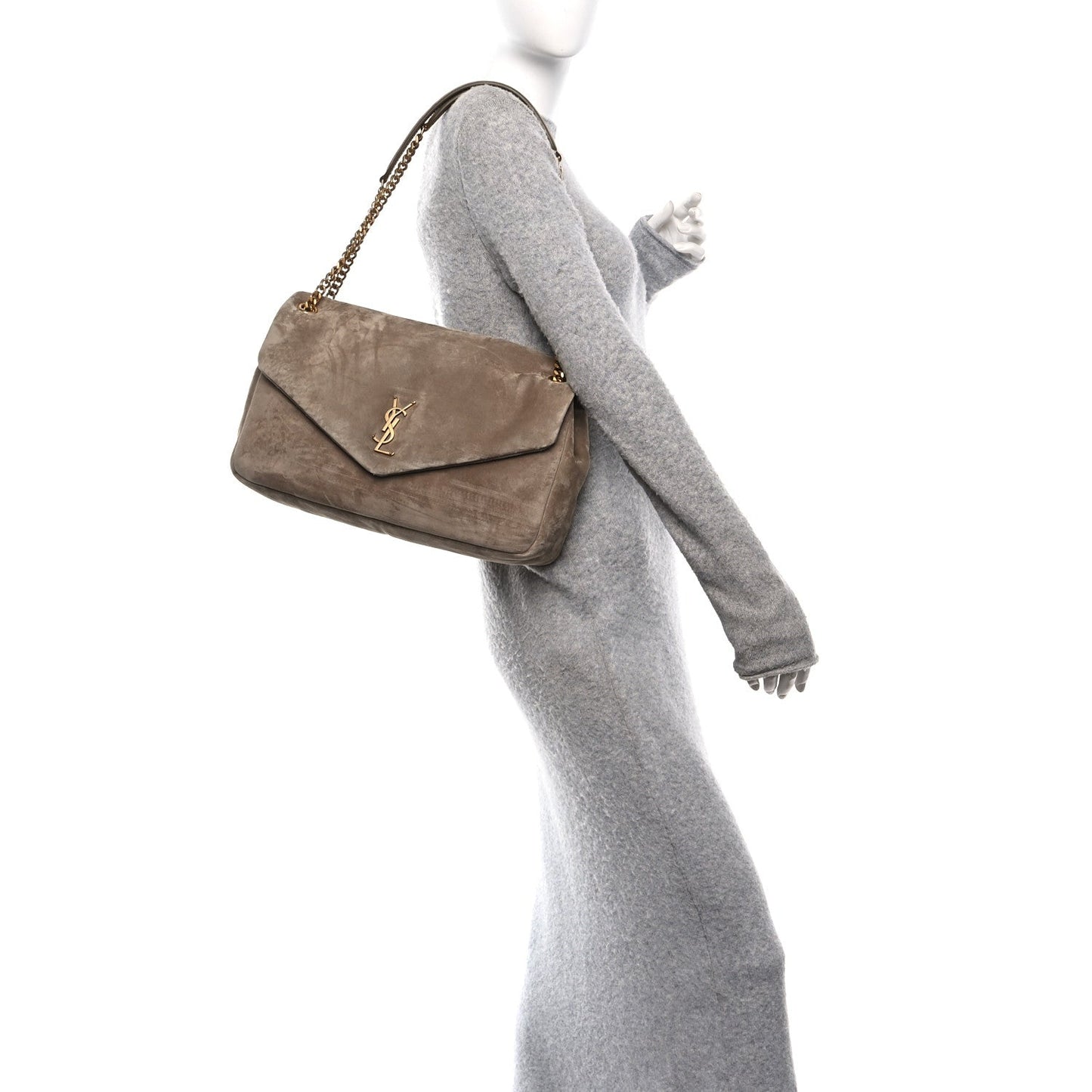 Saint Laurent Calypso suede large shoulder bag, taupe, crossbody chain strap