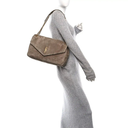Saint Laurent Calypso suede large shoulder bag, taupe, crossbody chain strap