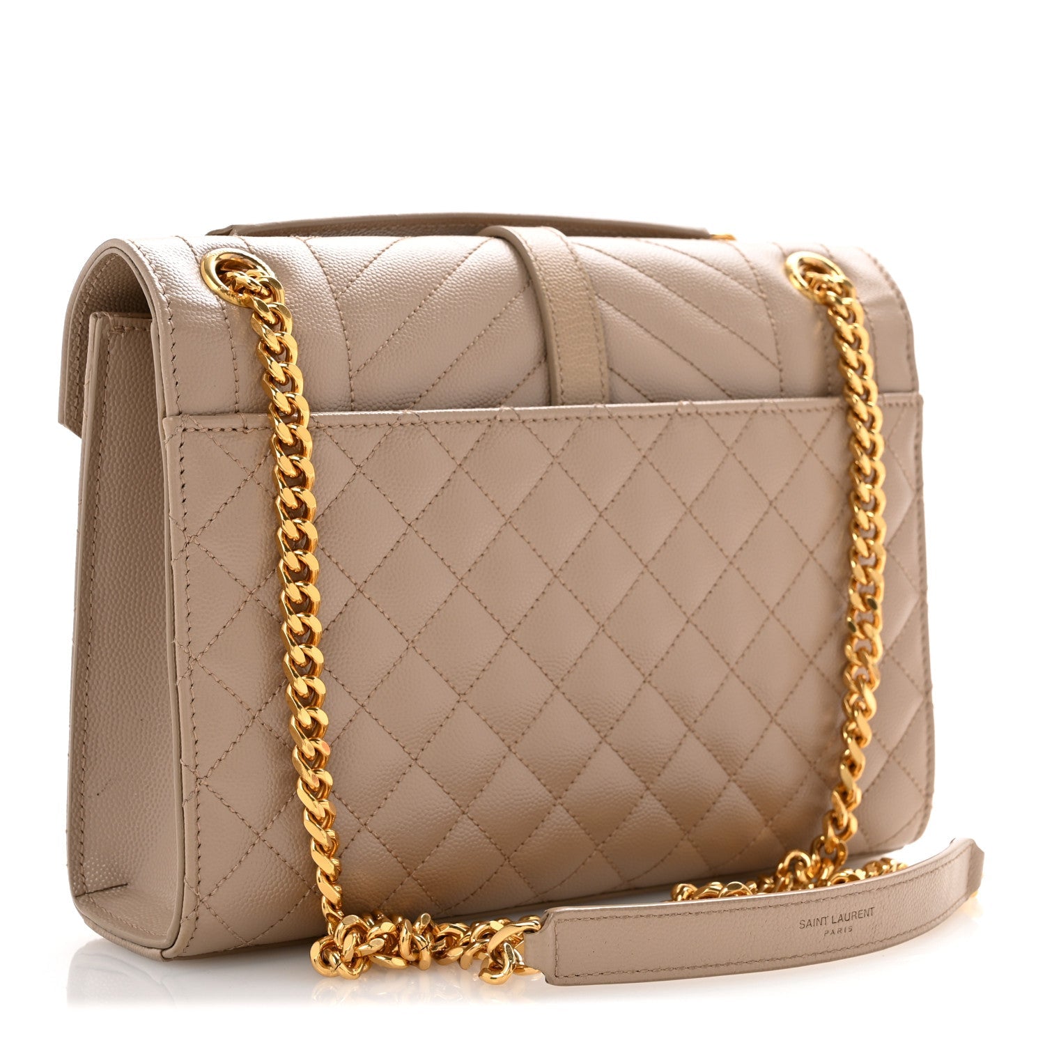 Dark beige quilted satchel with front flap, gold chain strap, and YSL logo