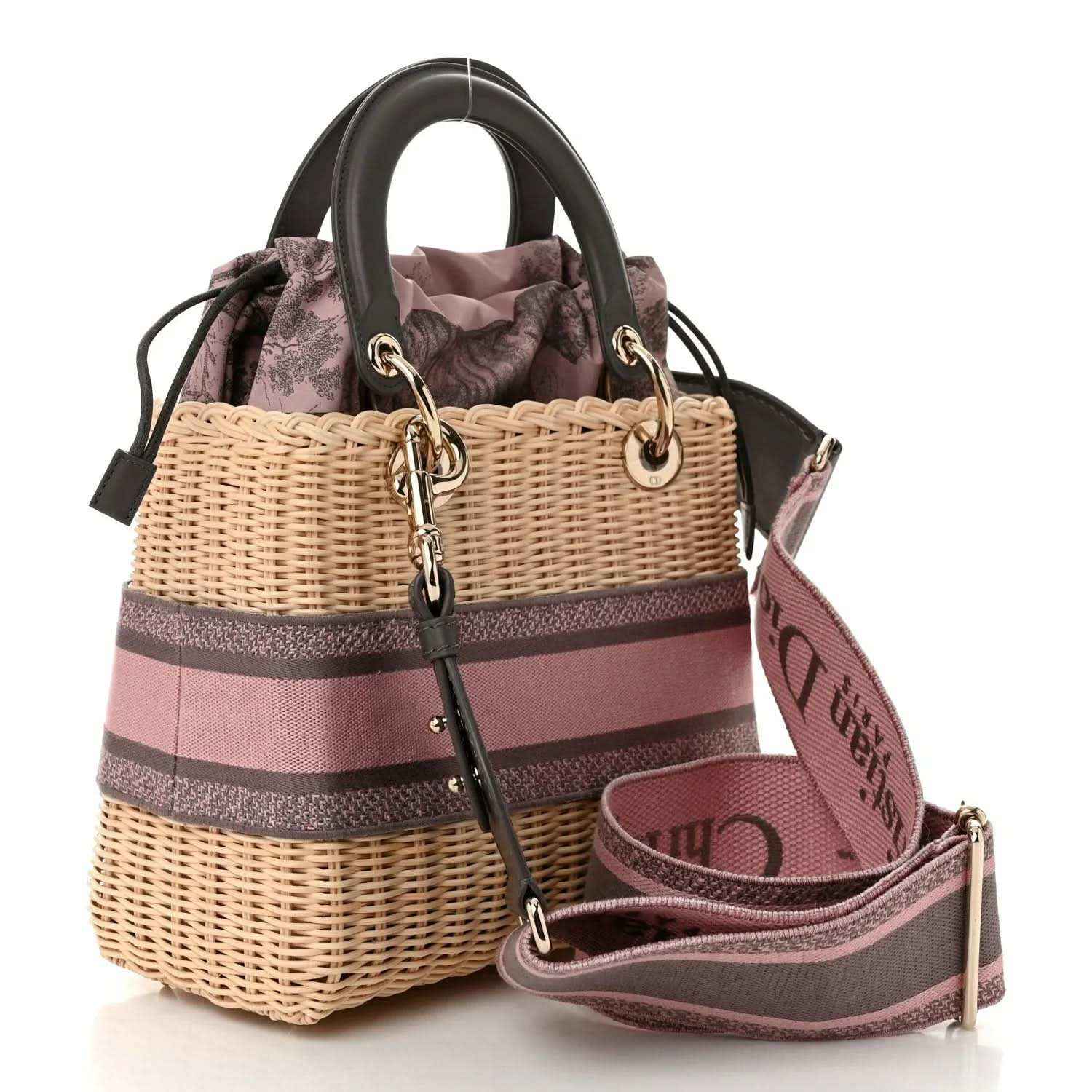 Medium wicker Lady Dior bag with pink and gray stripes, chain strap and charms