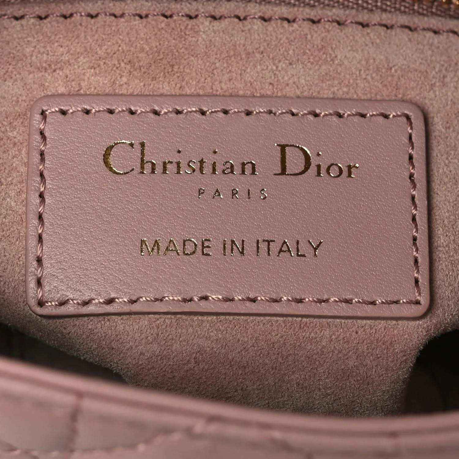 Mini Lady Dior handbag interior brand label panel: Christian Dior Paris, Made in Italy.
