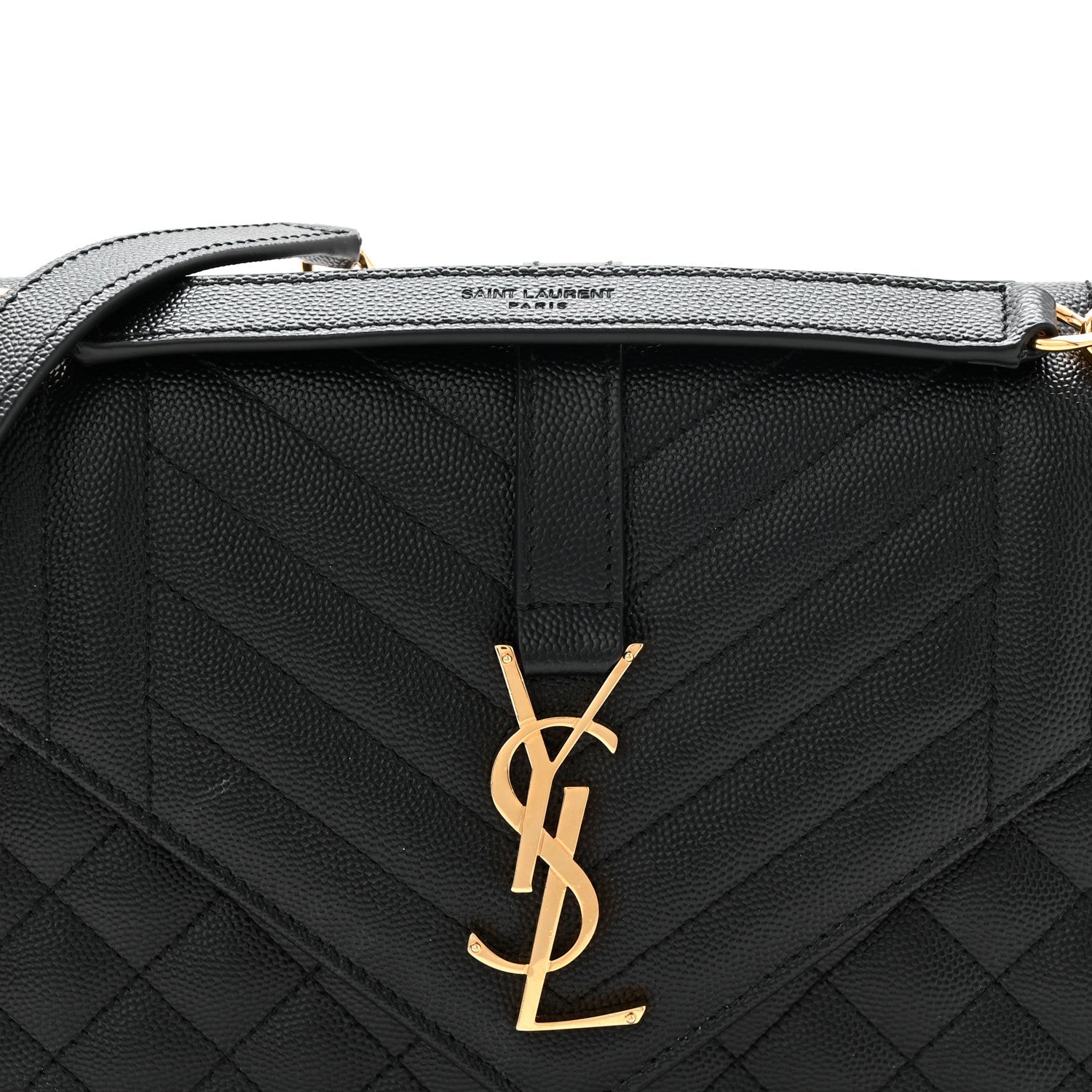 Black quilted satchel bag with gold YSL logo and top handle hardware