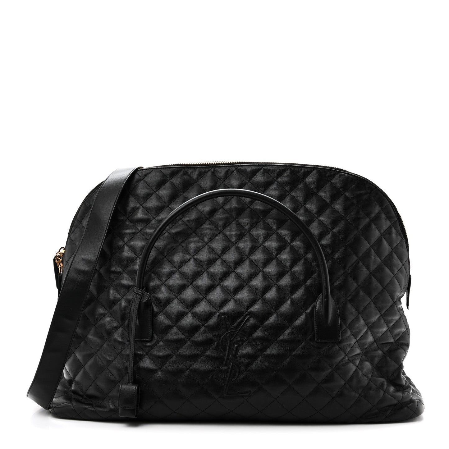 Saint Laurent ES quilted travel bag in black leather, top handles and zipper front.