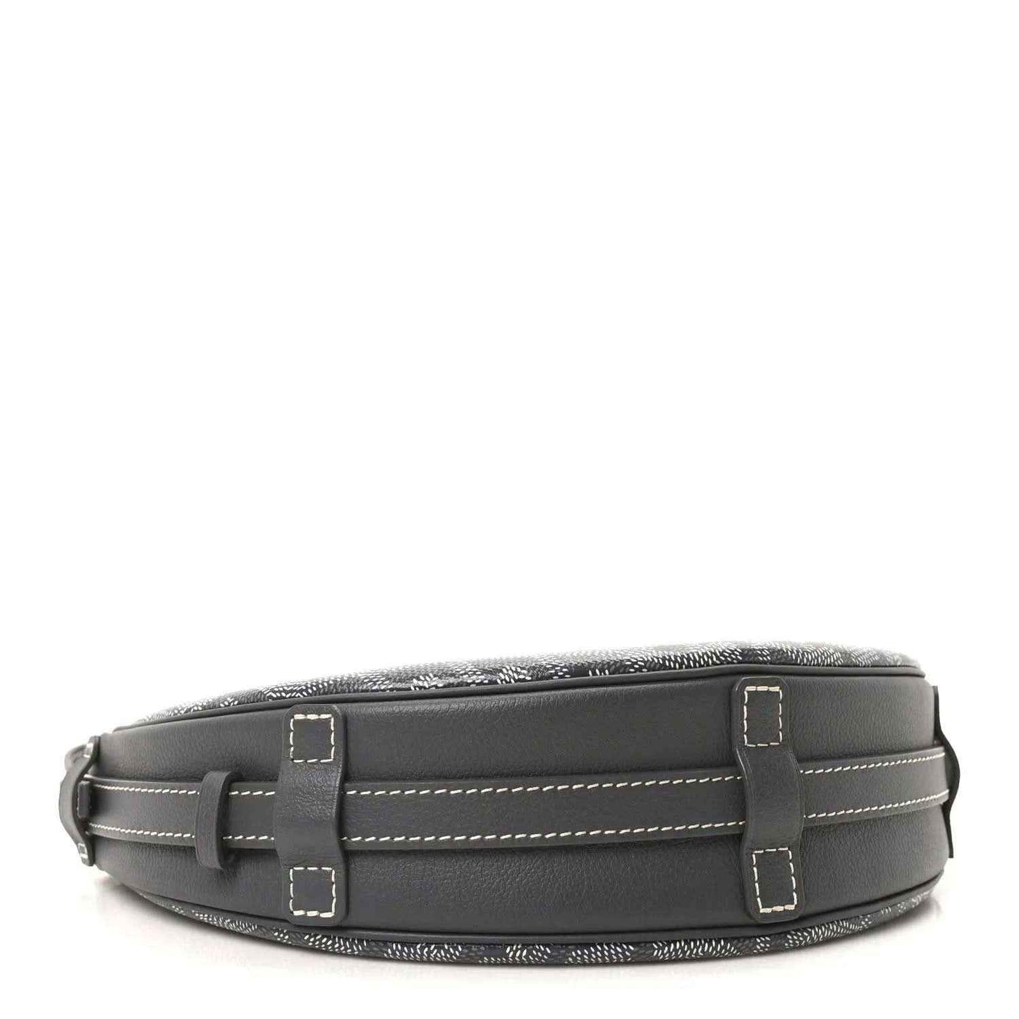 Dark leather shoulder bag with adjustable strap and rectangular buckle tabs
