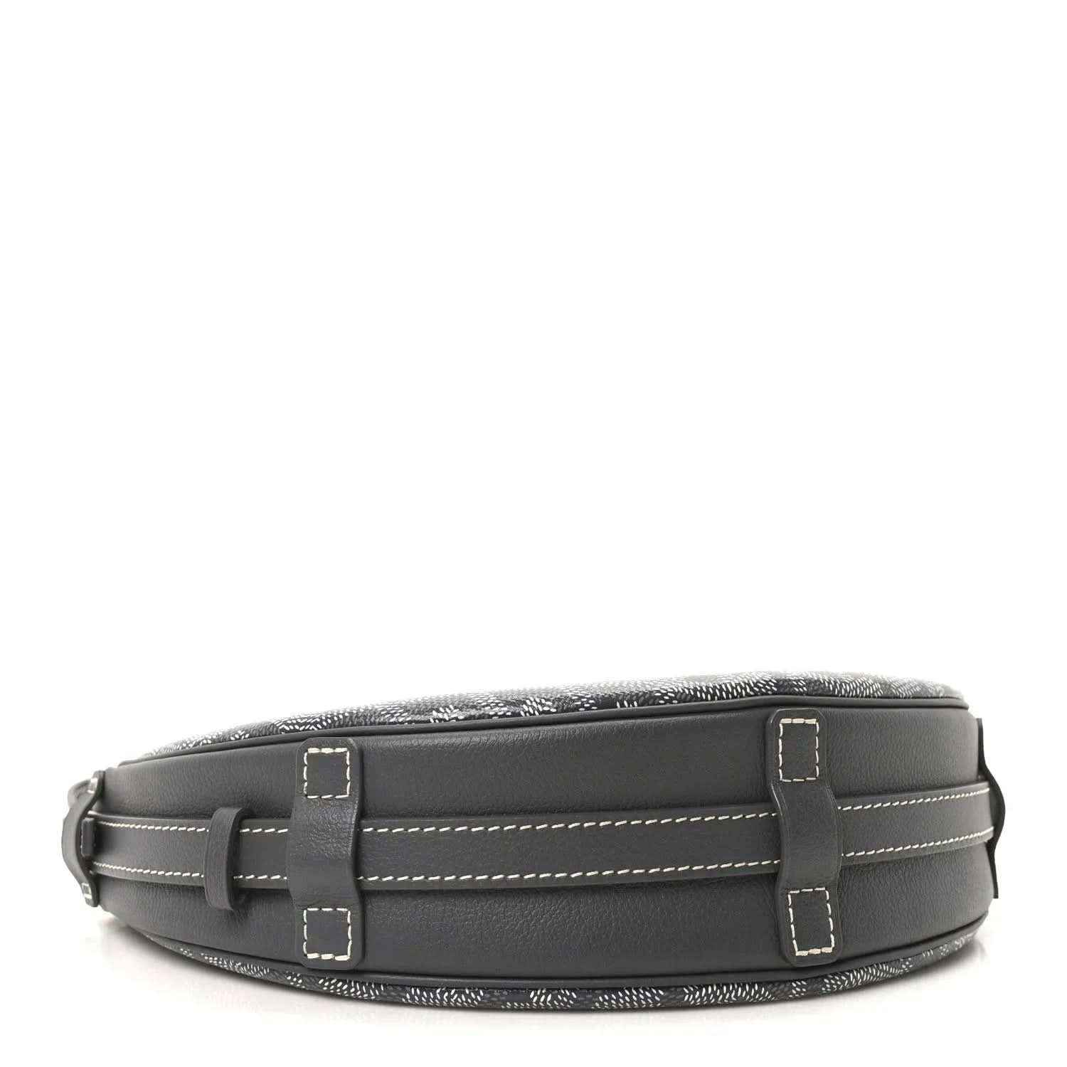 Dark leather shoulder bag with adjustable strap and rectangular buckle tabs