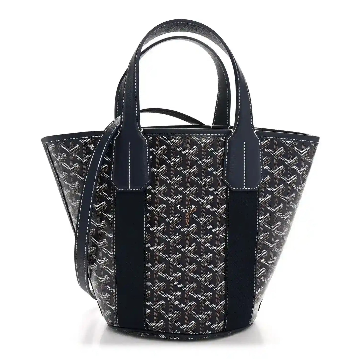 Navy patterned tote bag with top handles and front patch pockets