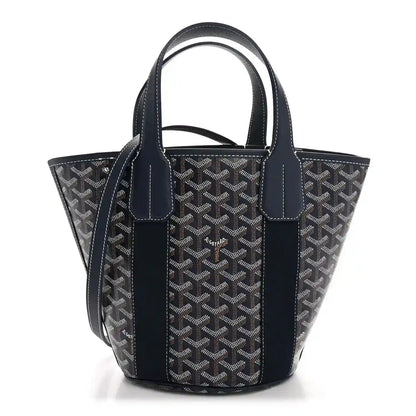 Navy patterned tote bag with top handles and front patch pockets