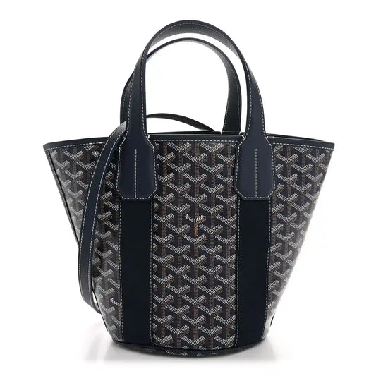 Navy patterned tote bag with top handles and front patch pockets