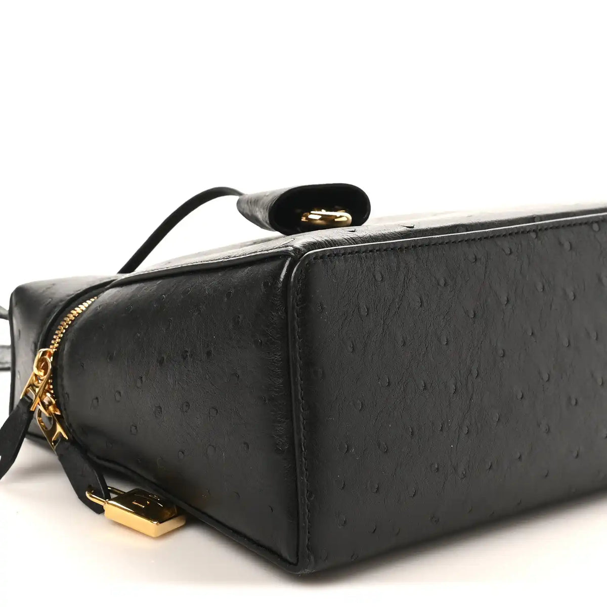 Black ostrich leather bag with top handle, gold-tone clasp, and crossbody strap.