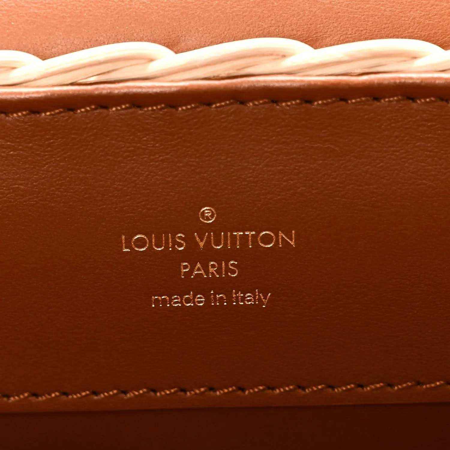 Brown leather handbag panel with embossed “LOUIS VUITTON PARIS” text