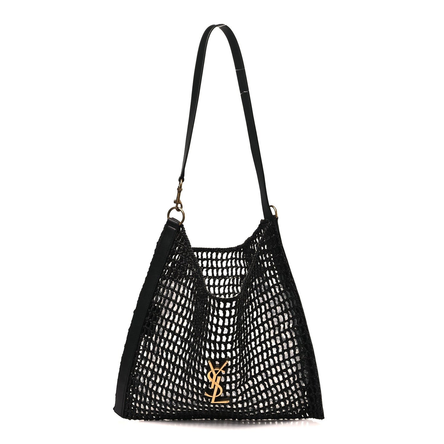 Black raffia calfskin shoulder bag with YSL Oxalis logo and netted texture