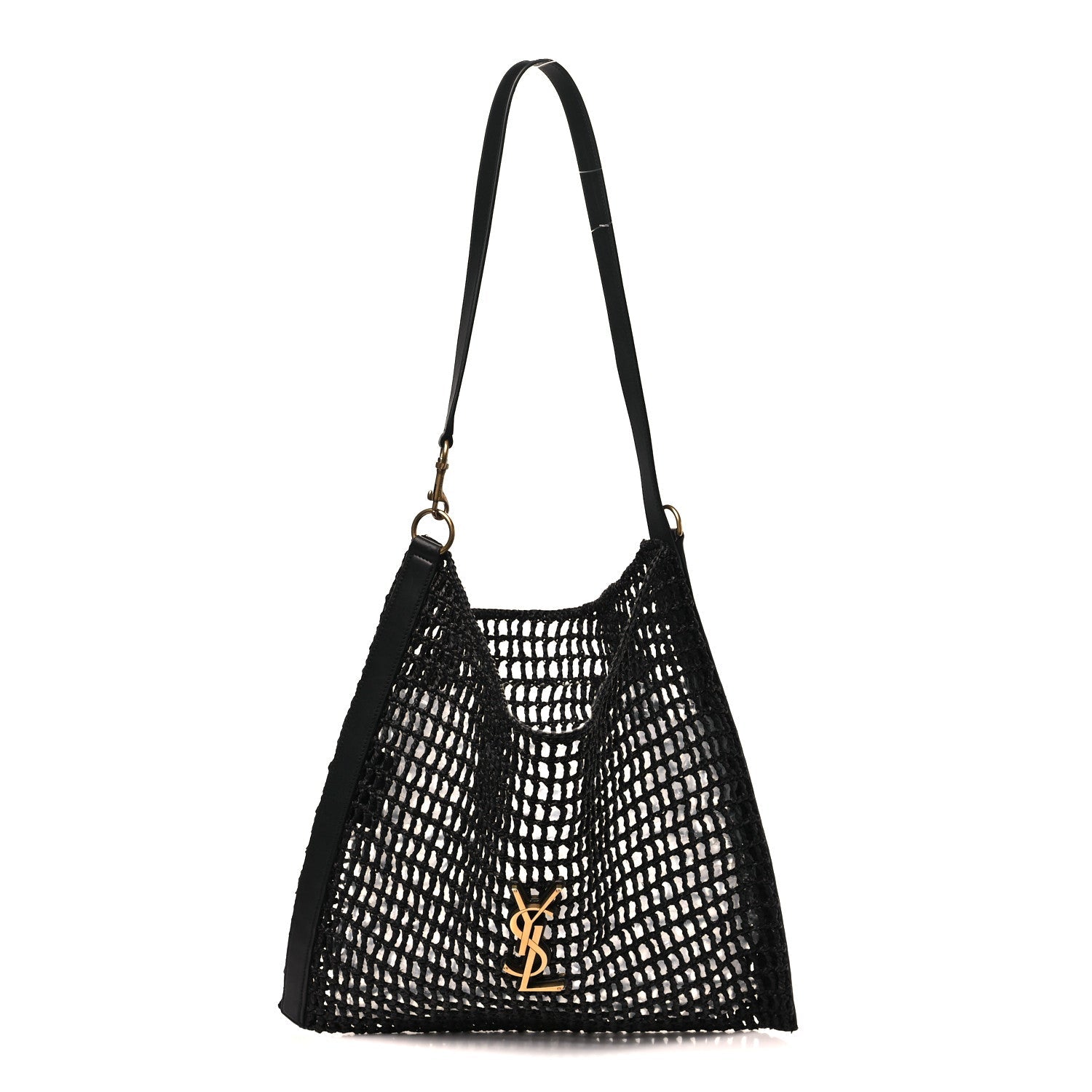 Black raffia calfskin shoulder bag with YSL Oxalis logo and netted texture