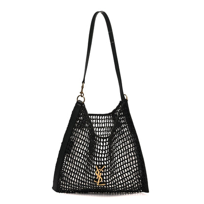 Black raffia calfskin shoulder bag with YSL Oxalis logo and netted texture
