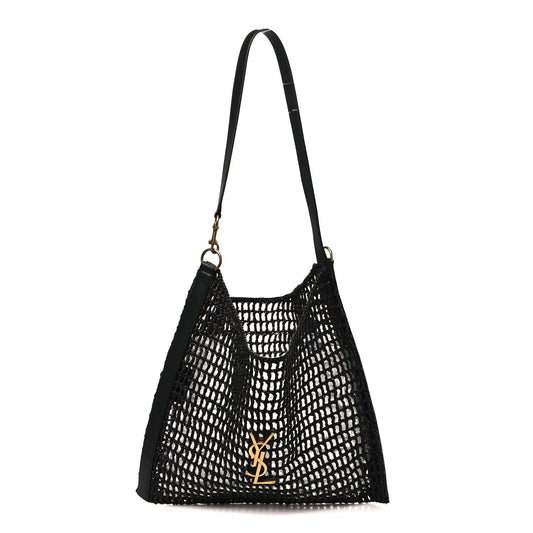 Black raffia calfskin shoulder bag with YSL Oxalis logo and netted texture