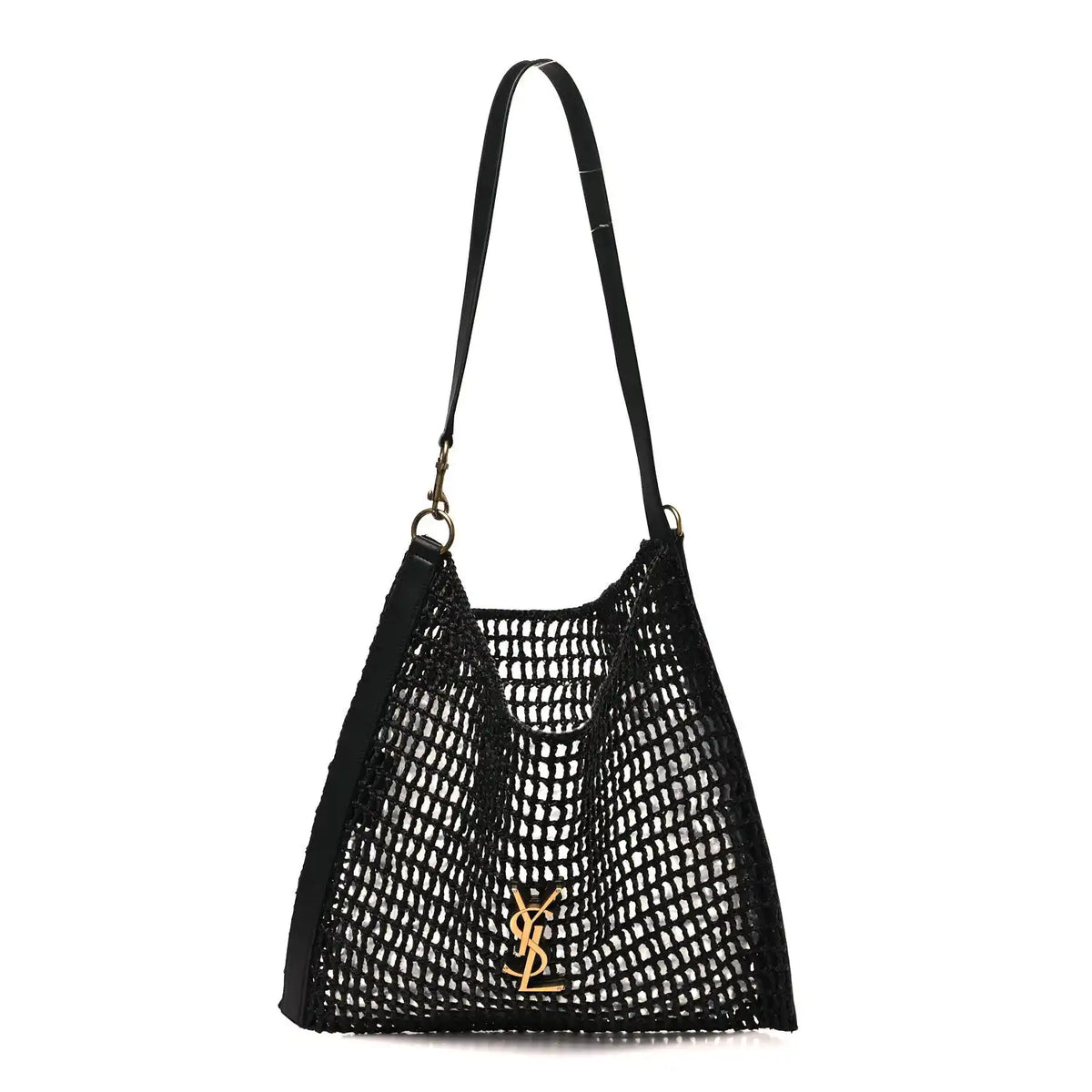 Black raffia calfskin shoulder bag with YSL Oxalis logo and netted texture