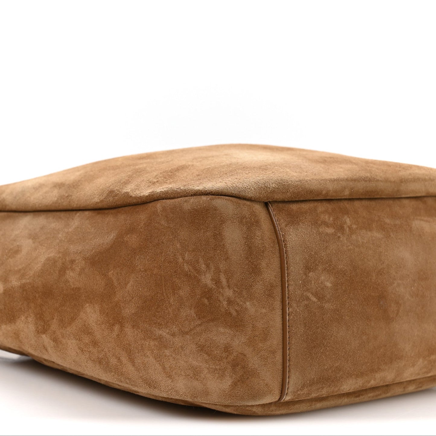 Suede hobo bag end panel, barley tan, rounded base and seam stitching