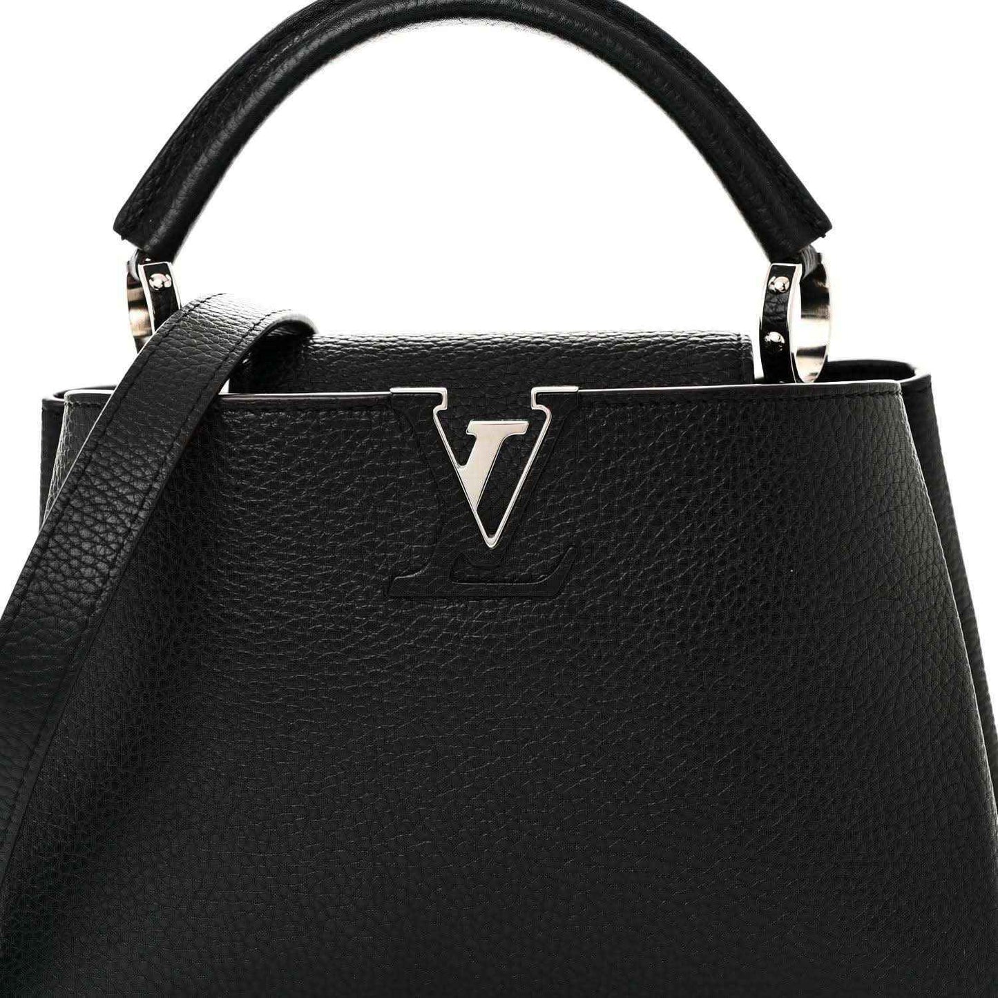 Black leather handbag with LV emblem on front and top handle