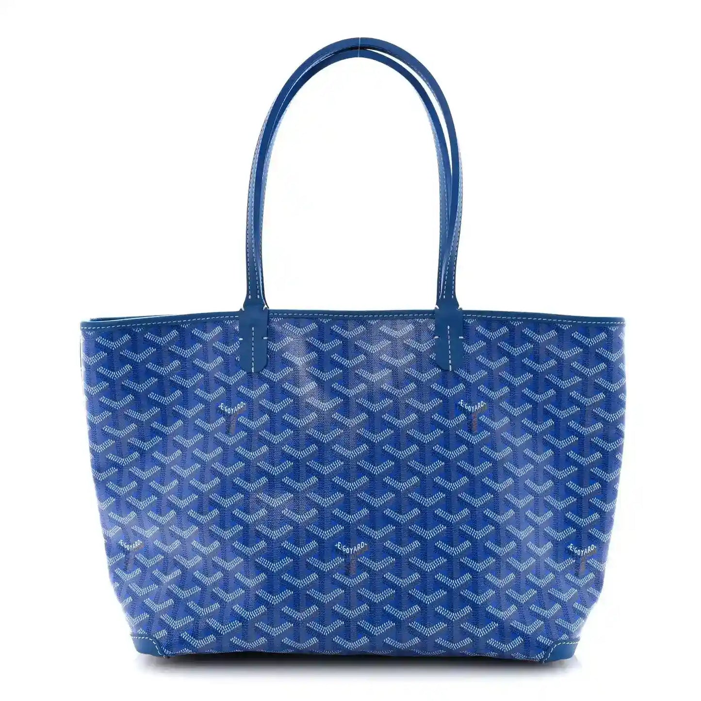 Sky blue patterned tote bag with double top handles and structured rectangular shape